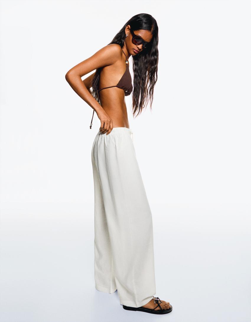Linen blend trousers with an elasticated waistband-Off white
