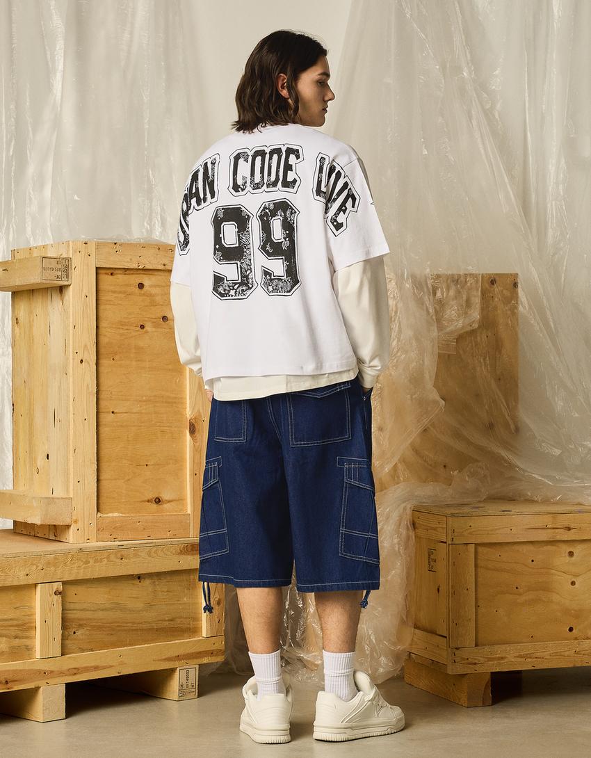 Denim parachute cargo Bermuda shorts-Navy