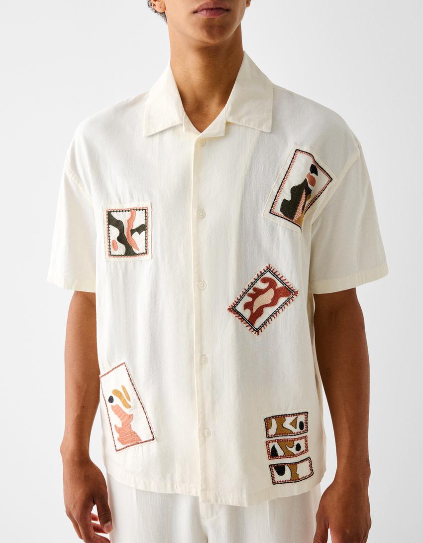 İşlemeli kısa kollu gömlek-Krem-2