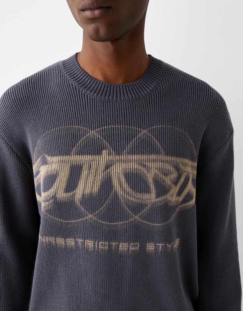 Pull maille côtelée imprimé-Gris foncé-5