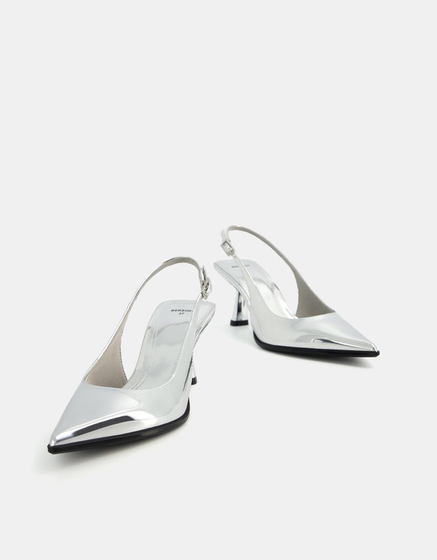 Metallic slingback kitten-heel shoes-SILVER-3