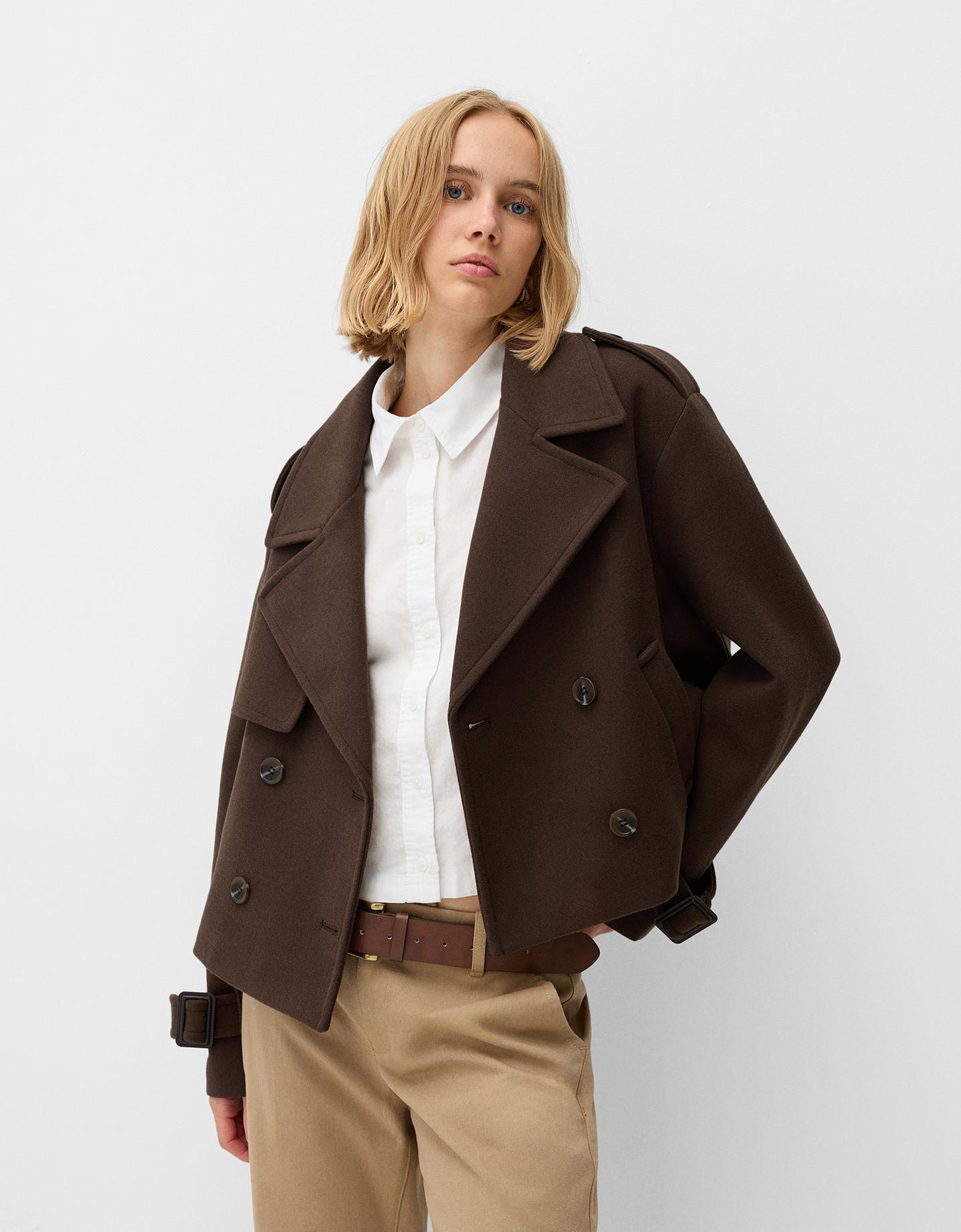 Bershka Cazadora Trench Corto Soft Mujer Xl Marrón