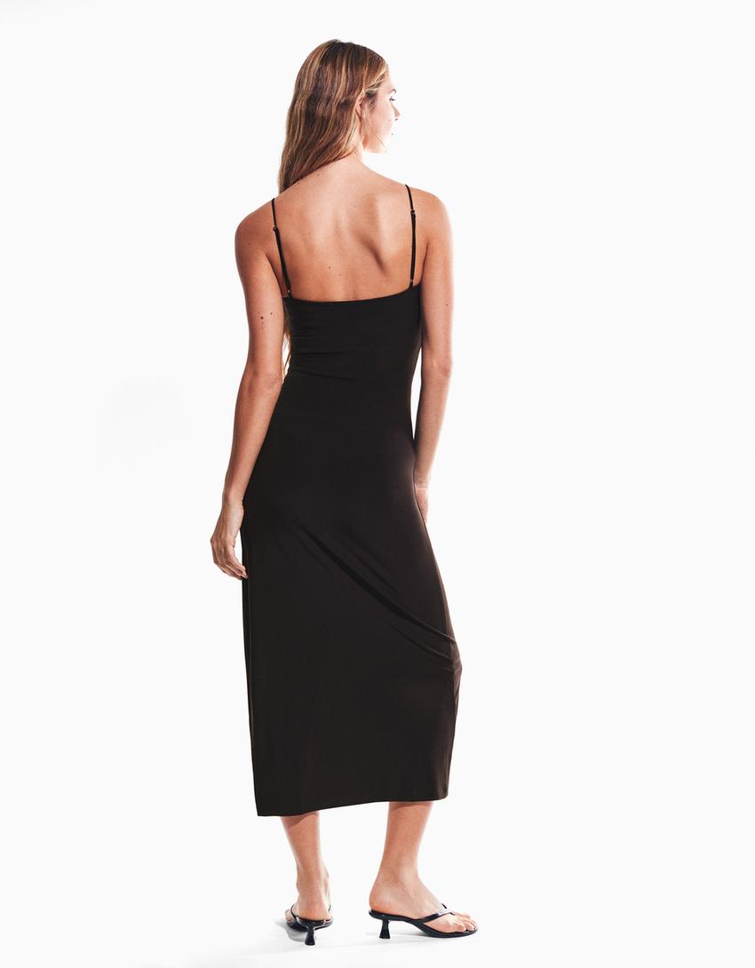 Vestido midi tirantes fruncido-Negro