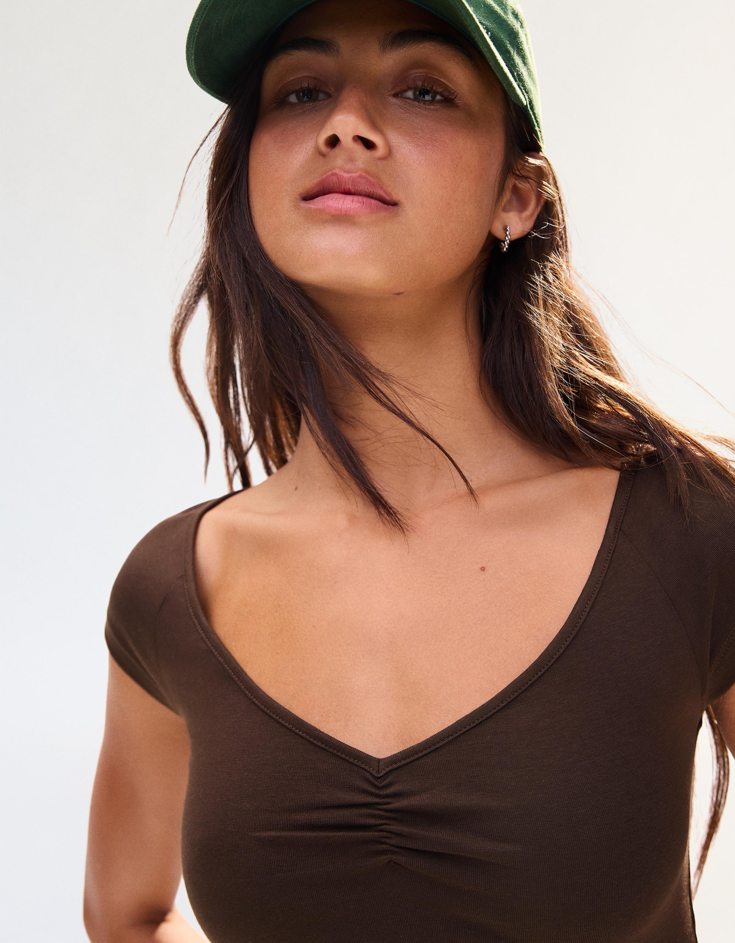 Short sleeve ruched T-shirt — Brown