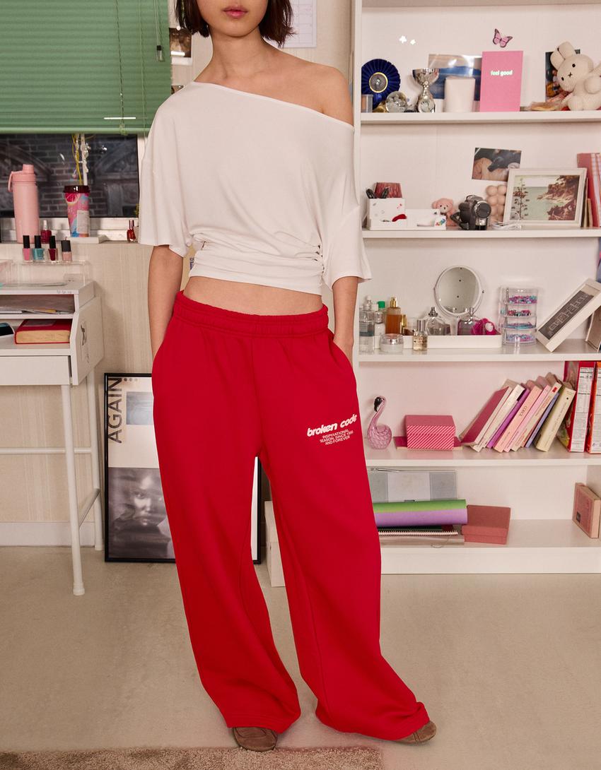 Calças felpa perna larga estampado-Vermelho