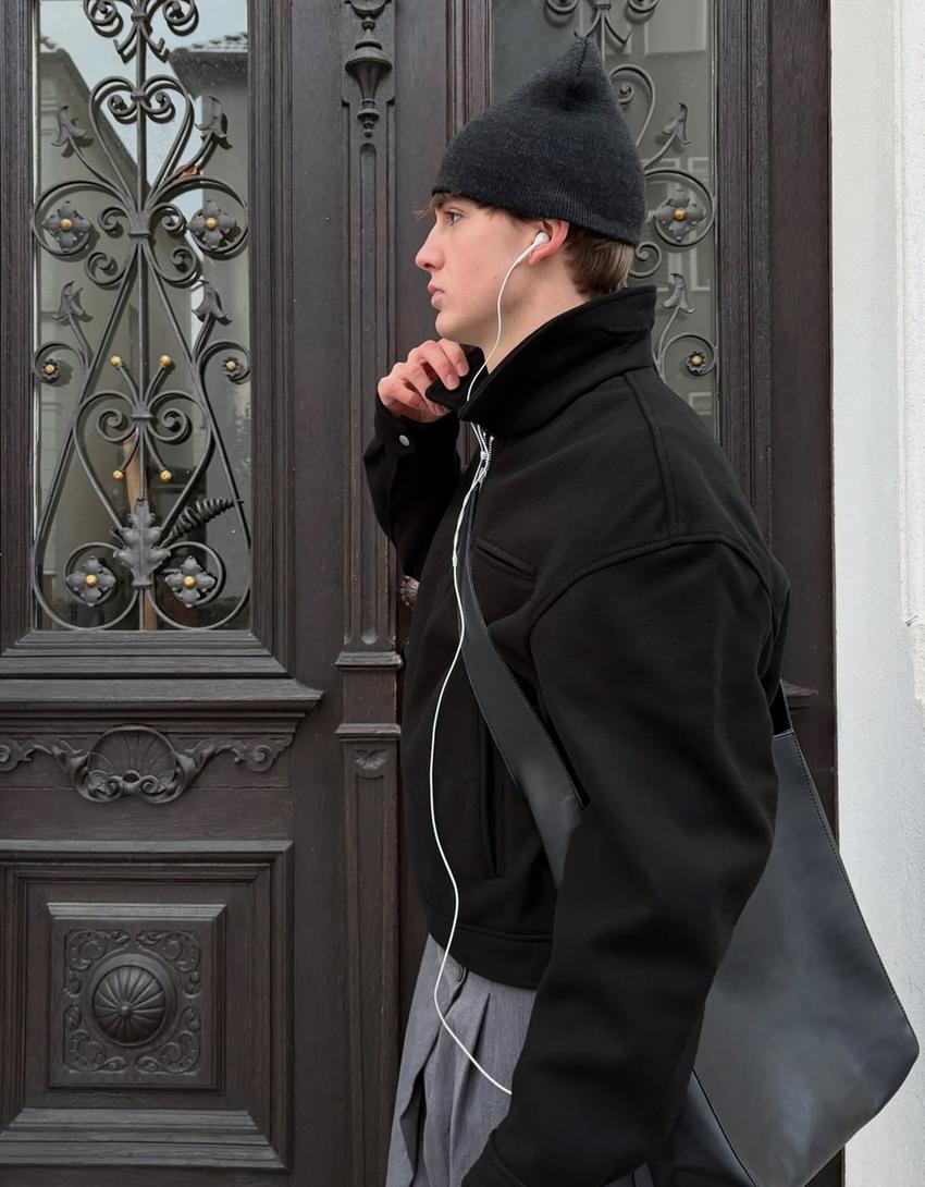 Blouson zippé en drap-Noir