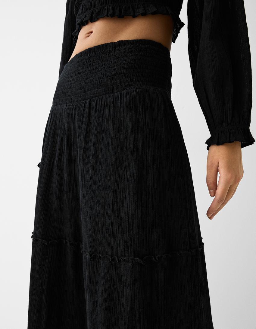 Long crepe skirt-Black-3
