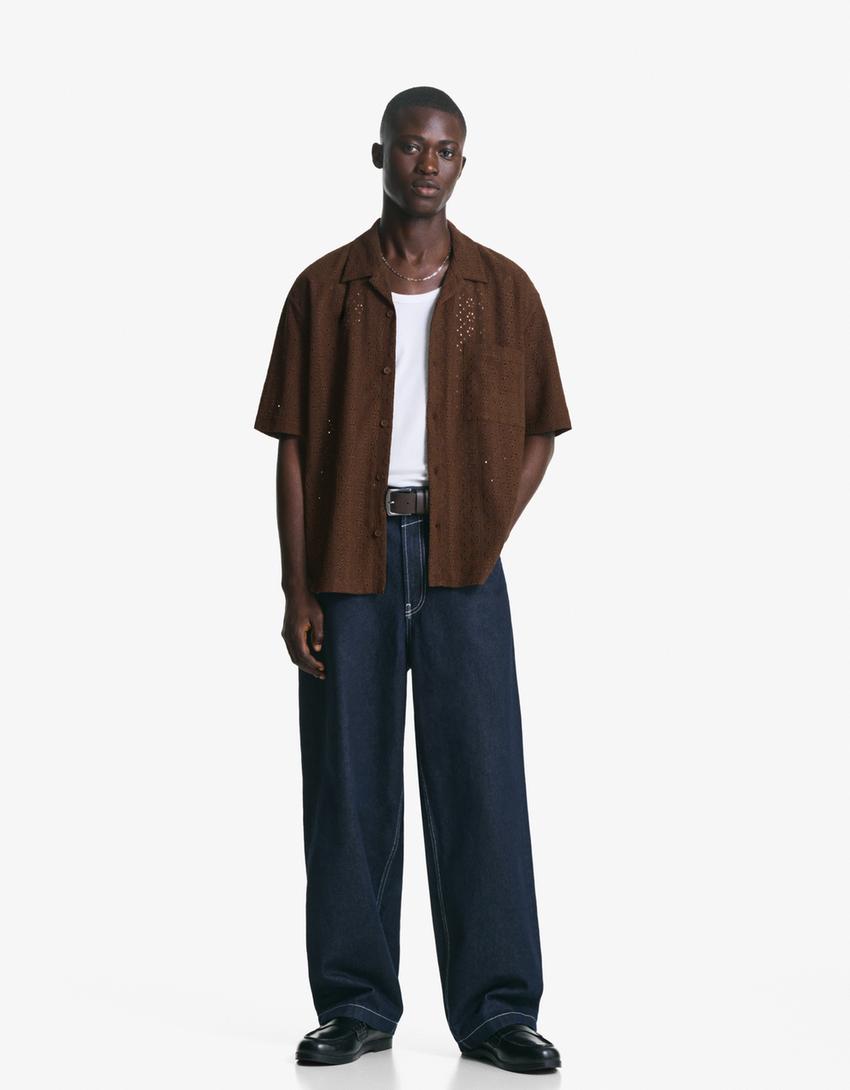 Embroidered short sleeve shirt-Brown