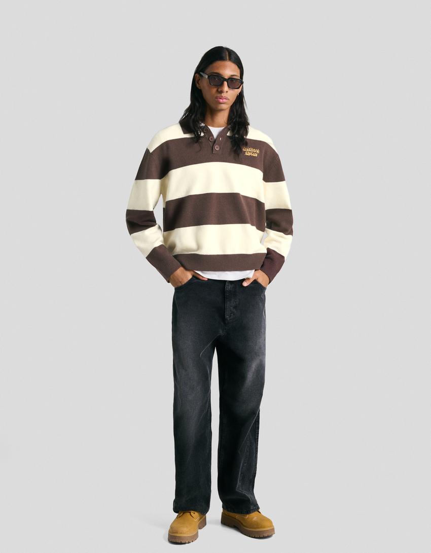Polo collar sweater with stripes-Brown