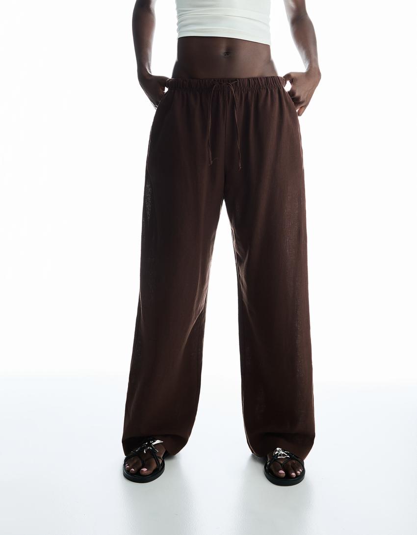 Linen blend trousers with an elasticated waistband-Brown