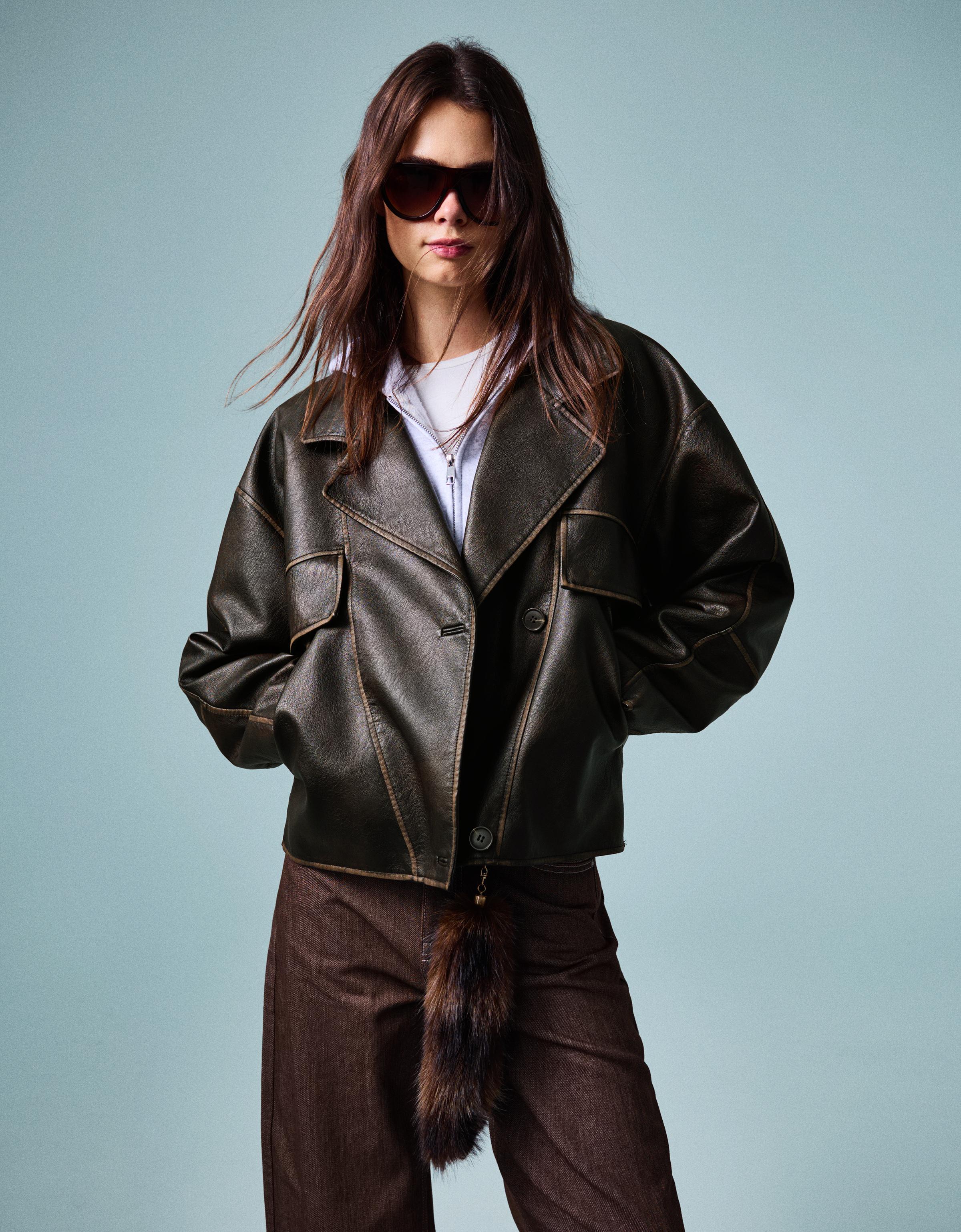 Leather effect jacket with a lapel collar - Women | Bershka