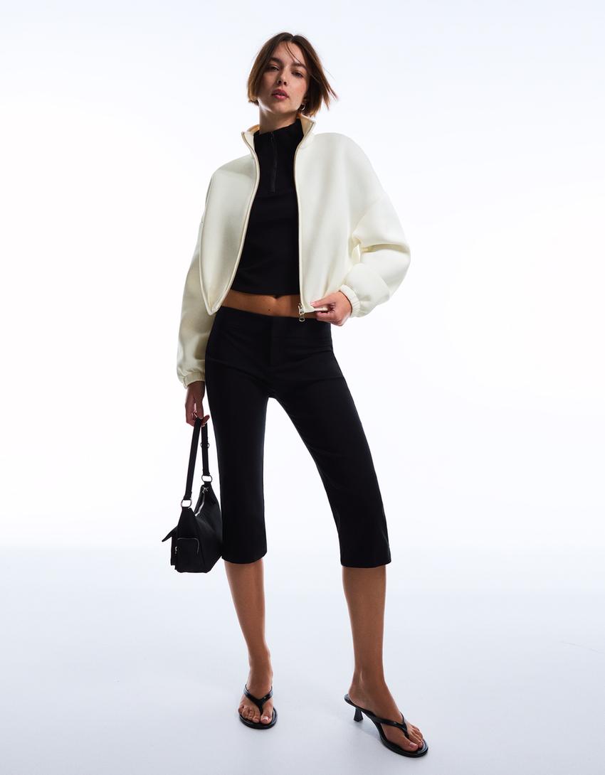 Neoprene effect balloon zip-up sweatshirt-Cream