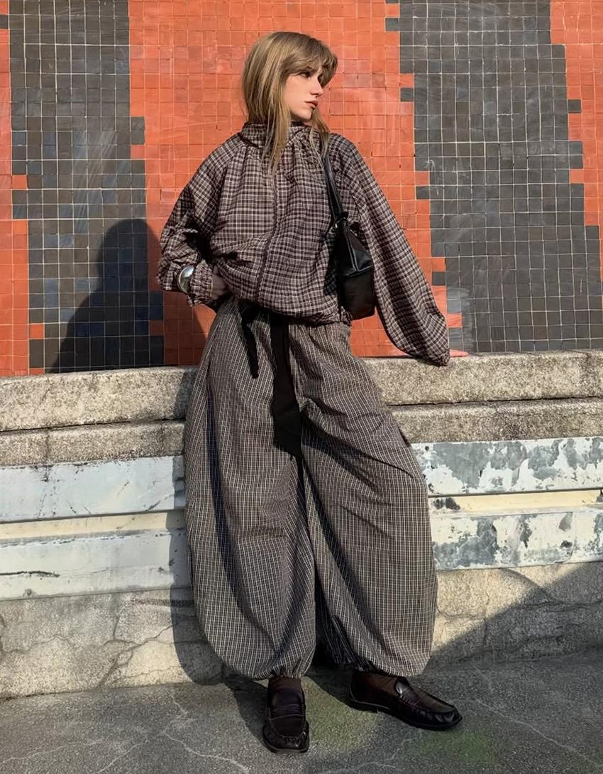 Oversize check zip-up jacket-Brown