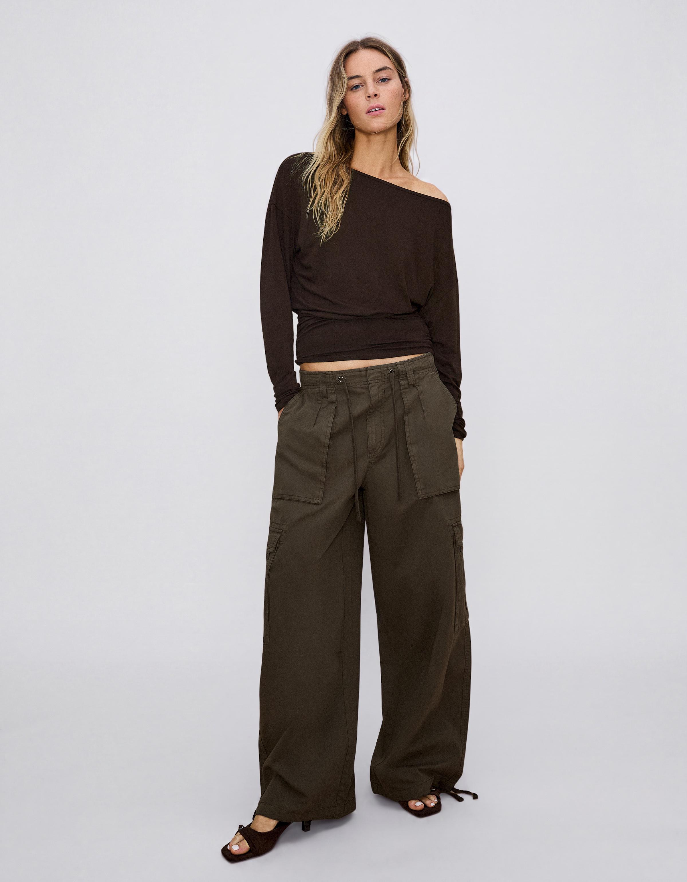Asymmetric neck long-sleeved T-shirt — Brown