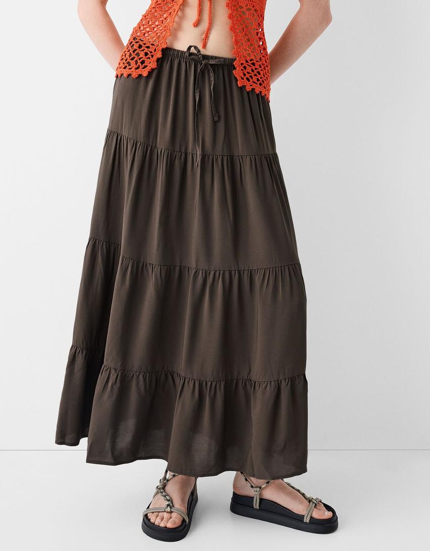 Midi skirt with elastic waist-Brown-1
