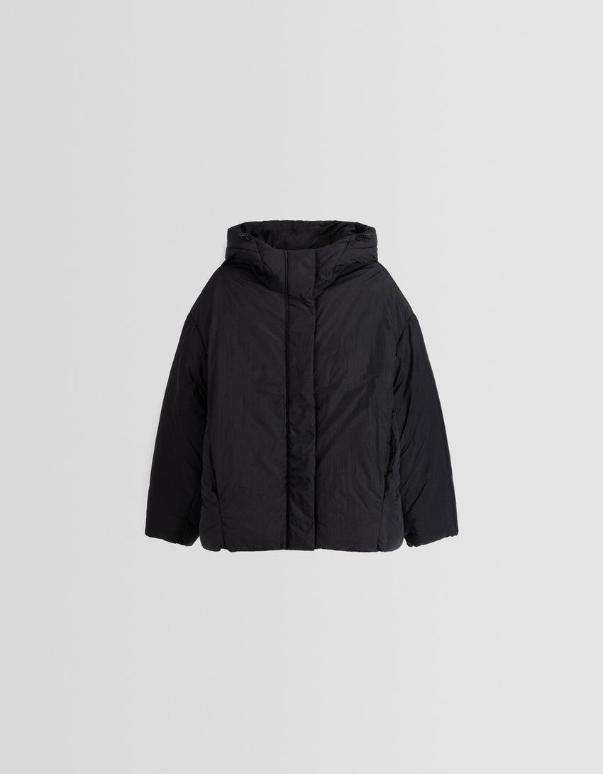Nylon quilted jacket with hood-Black