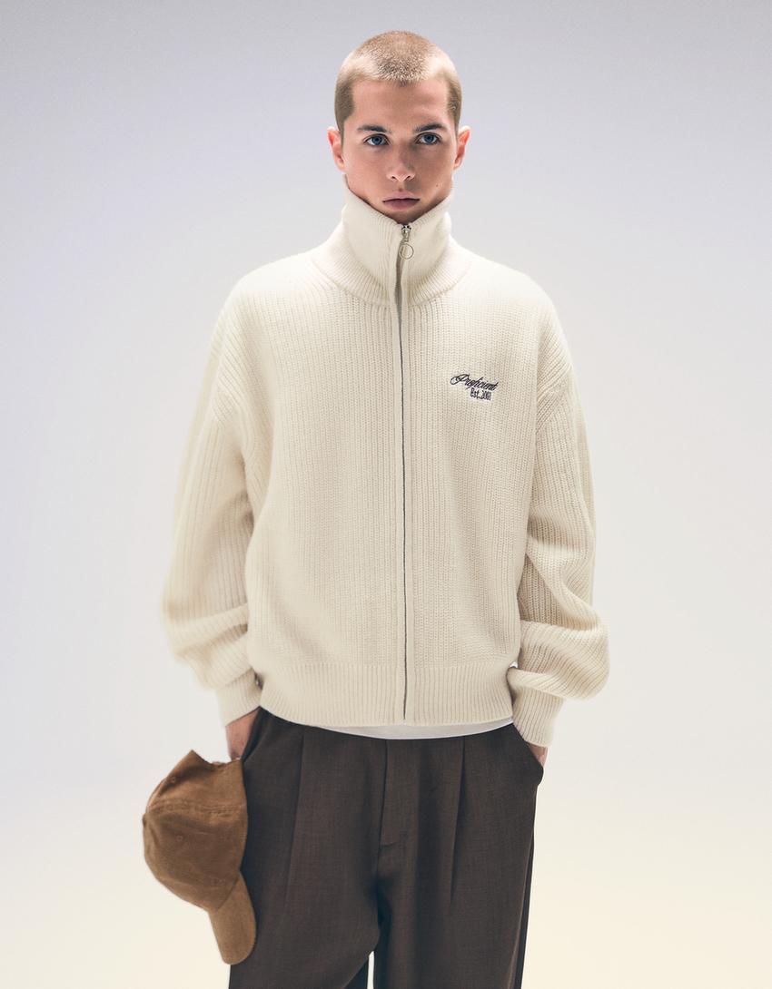 Veste zippée brodée-Blanc cassé