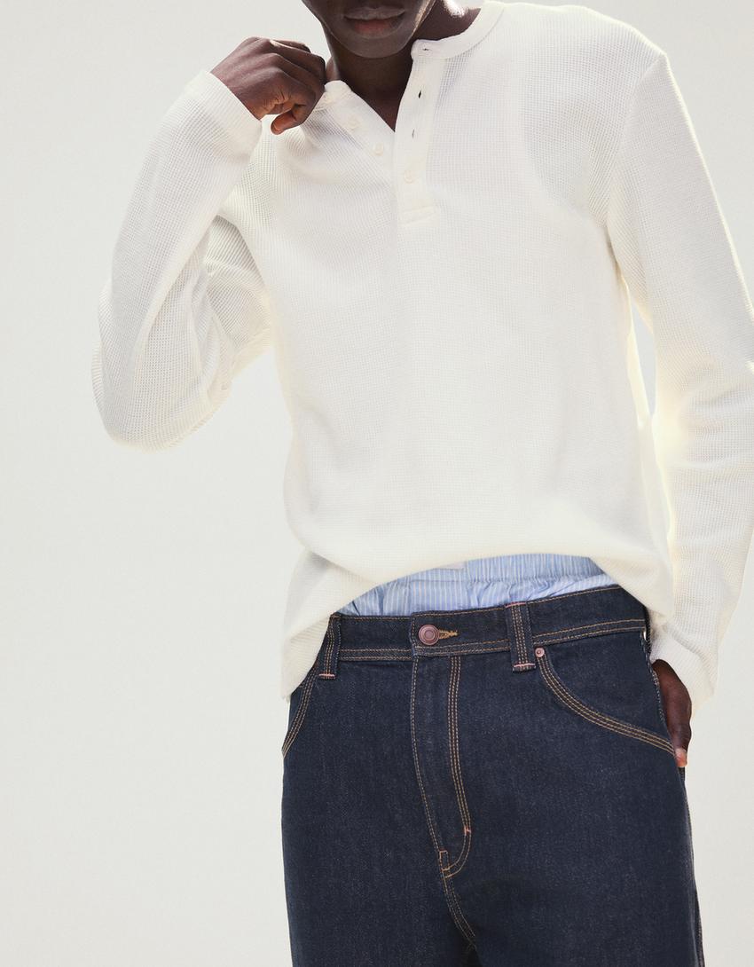 Slim fit henley waffle-knit T-shirt-Off white