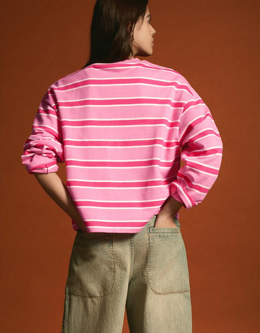 Striped crew neck sweater-Pink
