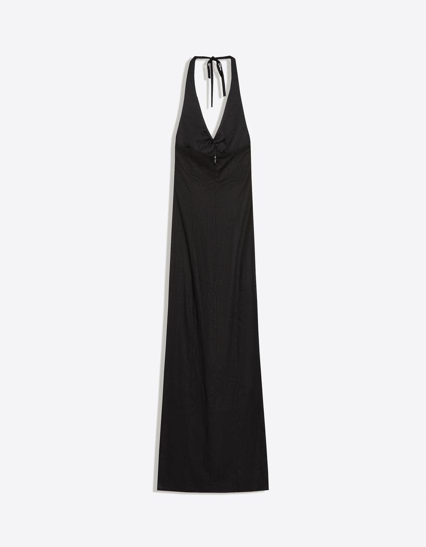 Lniana sukienka midi z dekoltem typu halter-Czarny