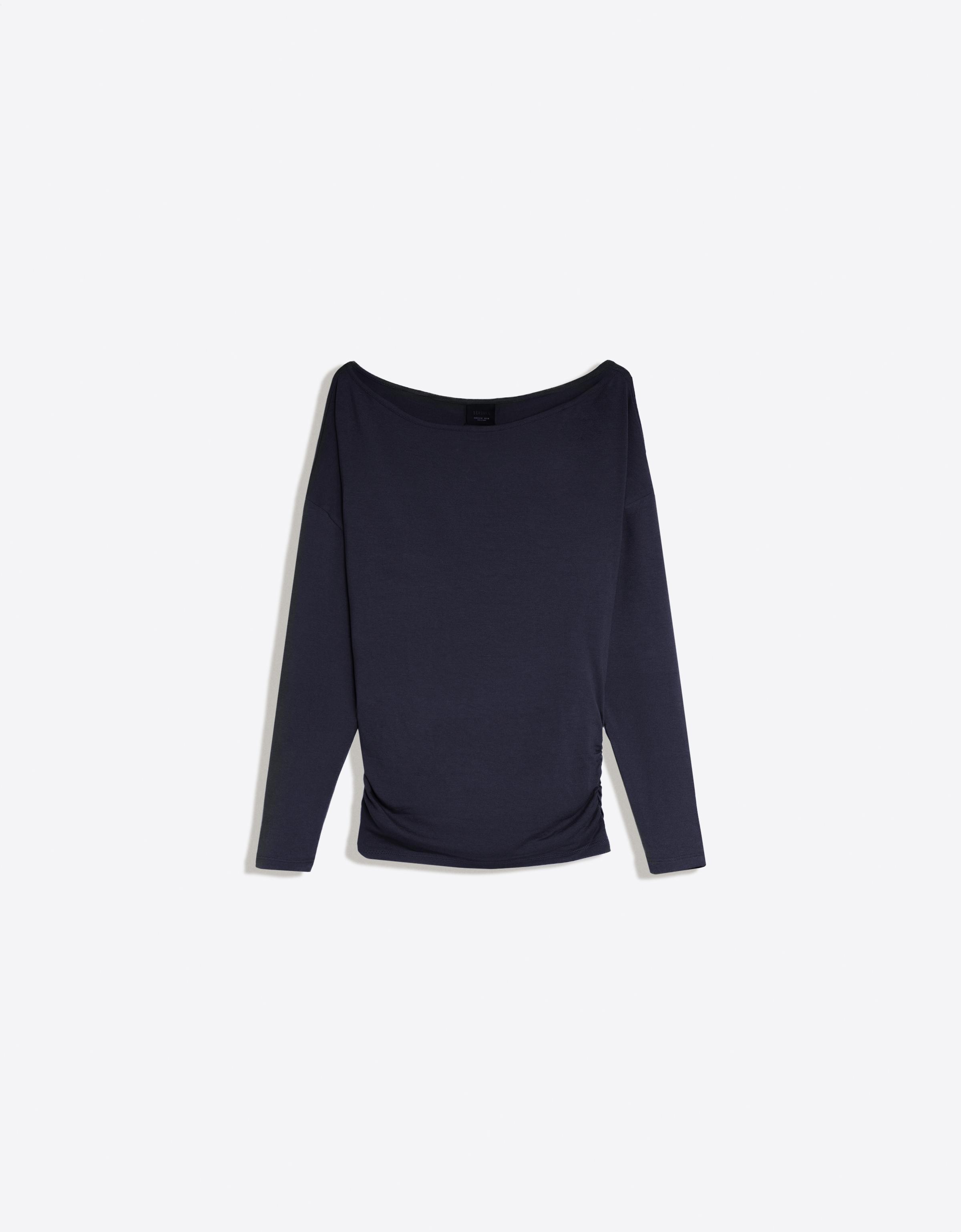 Asymmetric neck long-sleeved T-shirt — Blue