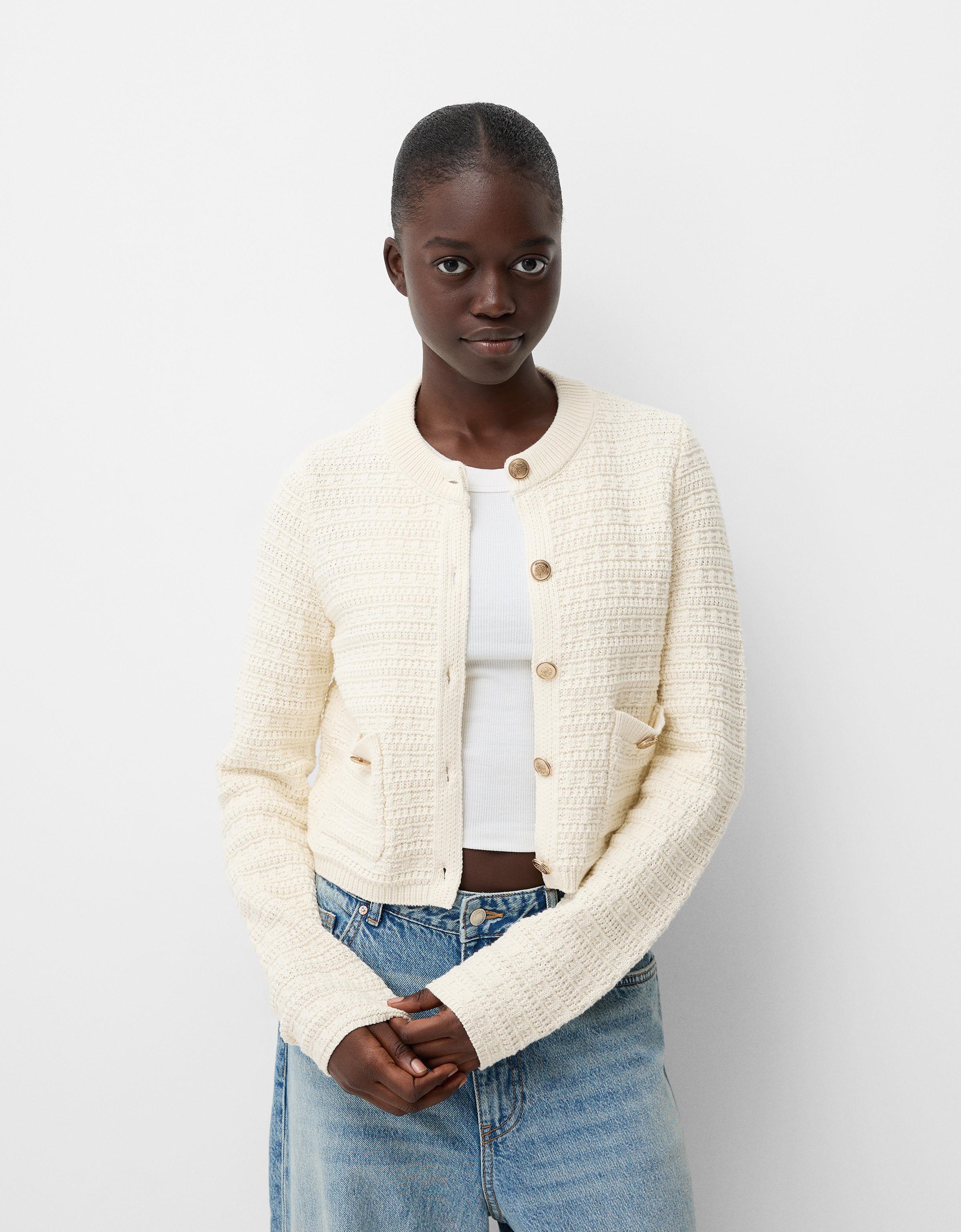 Bershka Cardigan Mit Rundausschnitt Und Strukturmuster Damen Xs Rohweiß