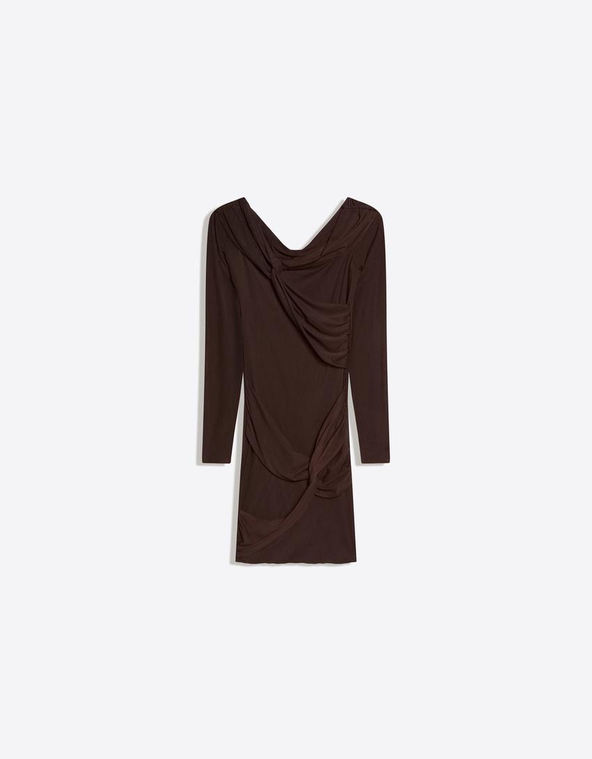 Robe mini manches longues tulle nœuds-Marron