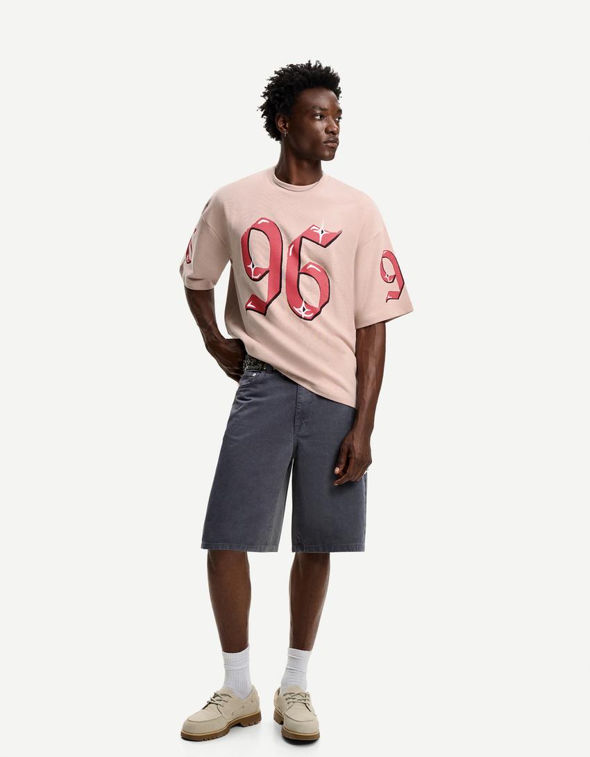 T-shirt de manga curta de felpa com estampado-Rosa