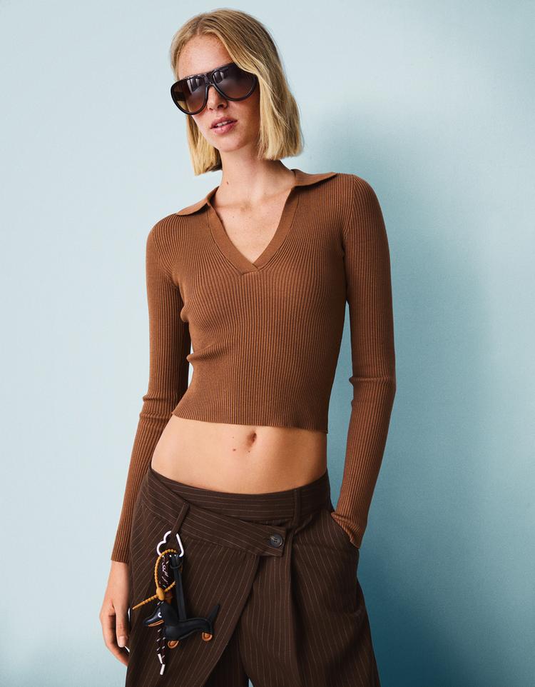 Pull à col polo côtelé