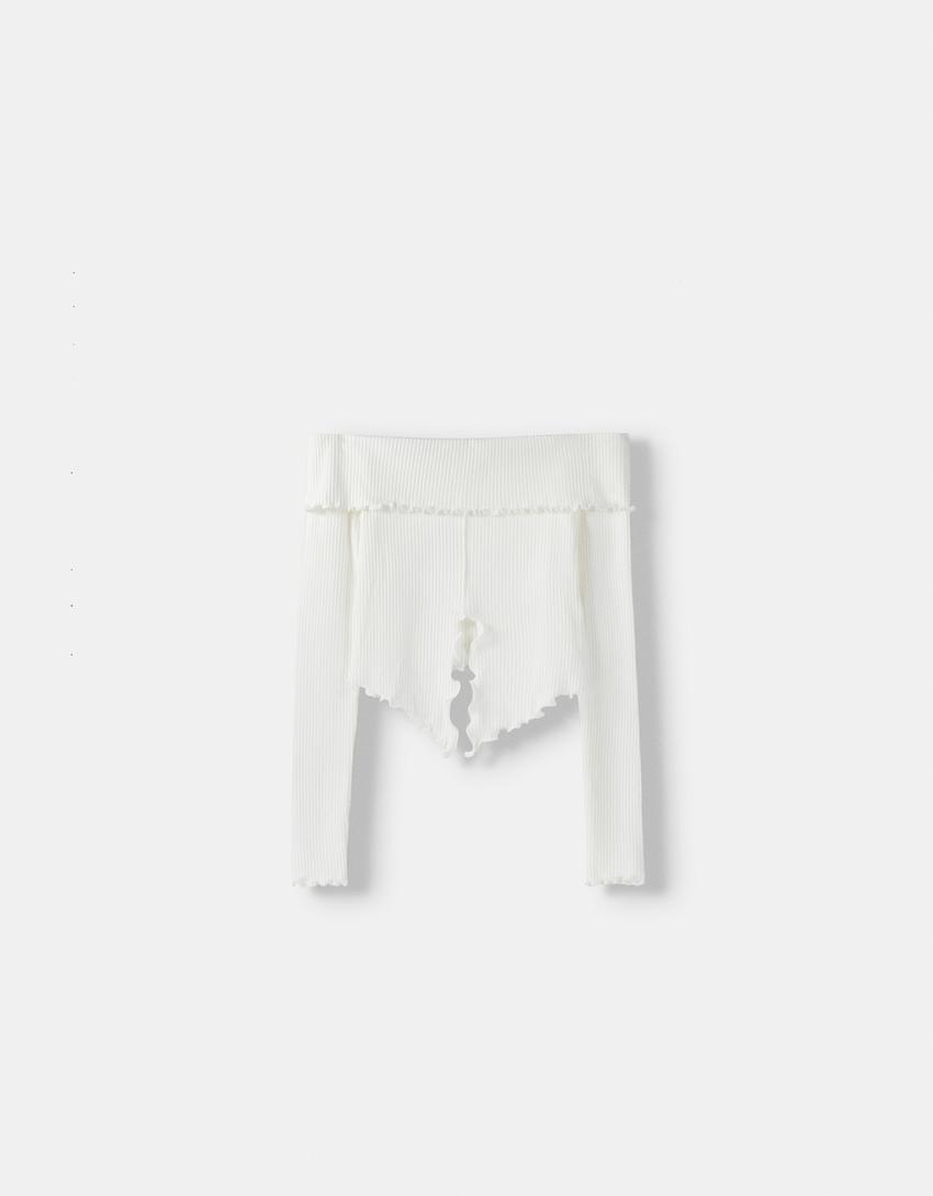 سويتر بياقة باردو وأكمام طويلة-أبيض مطفي-4