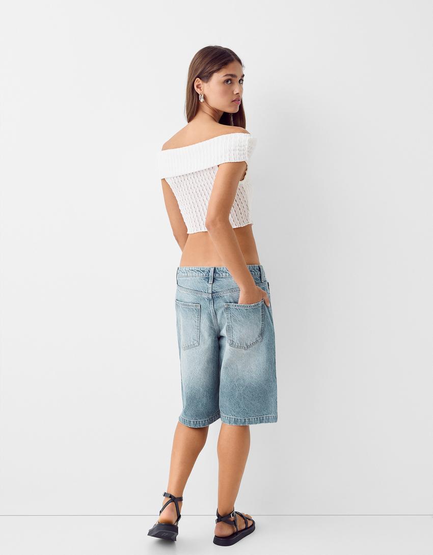 Short sleeve Swiss embroidery Bardot T-shirt-Off white