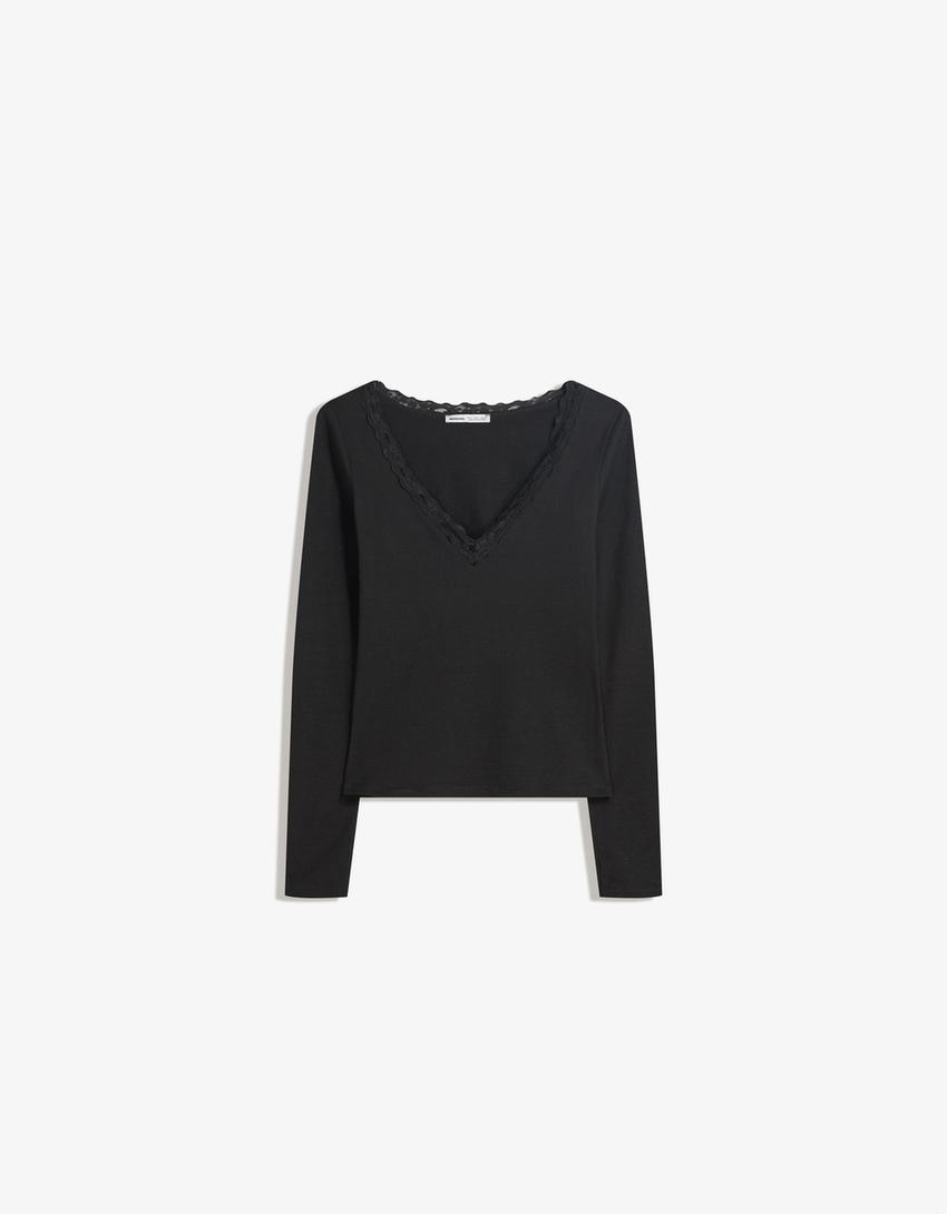 Long sleeve lace T-shirt-Black