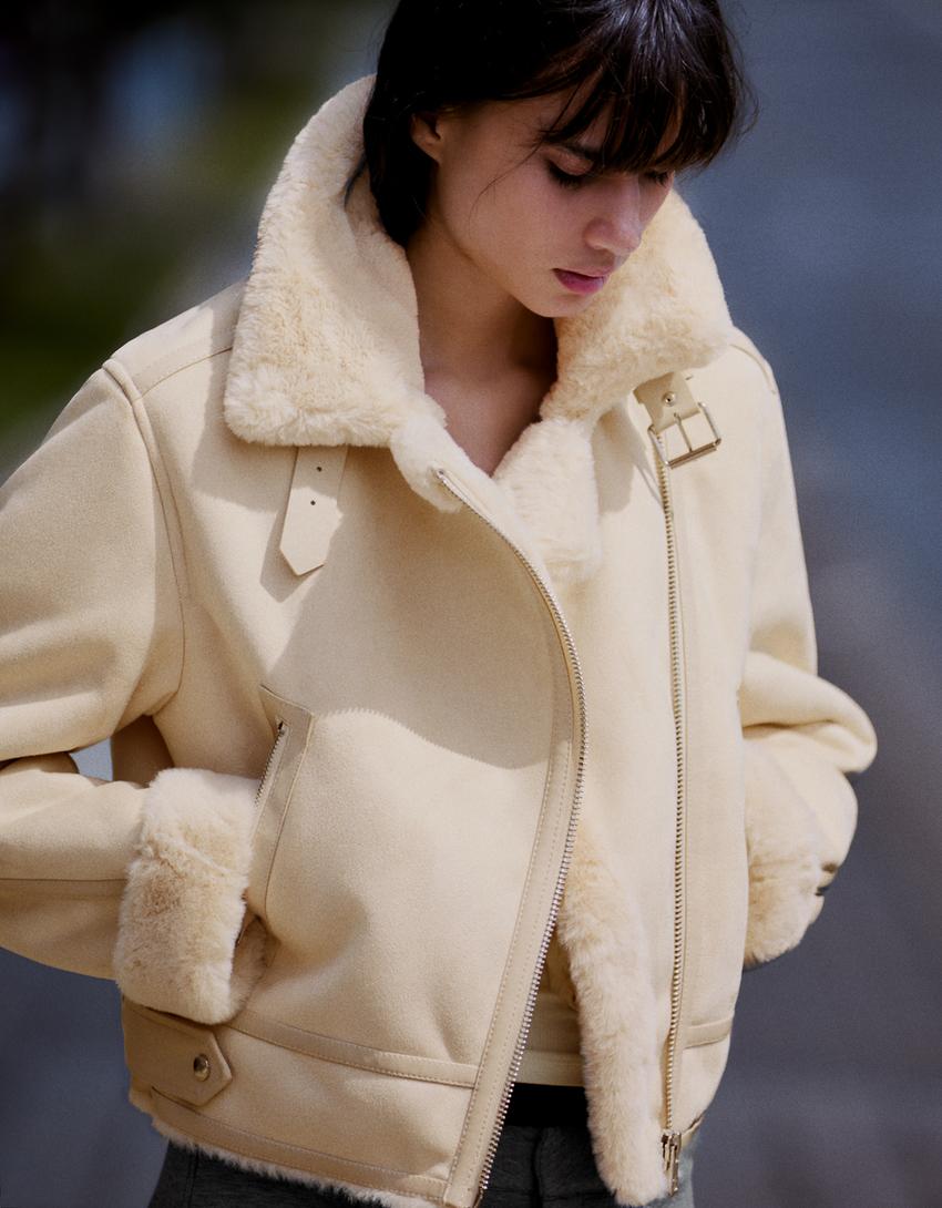 Cropped double-faced biker jacket-Cream