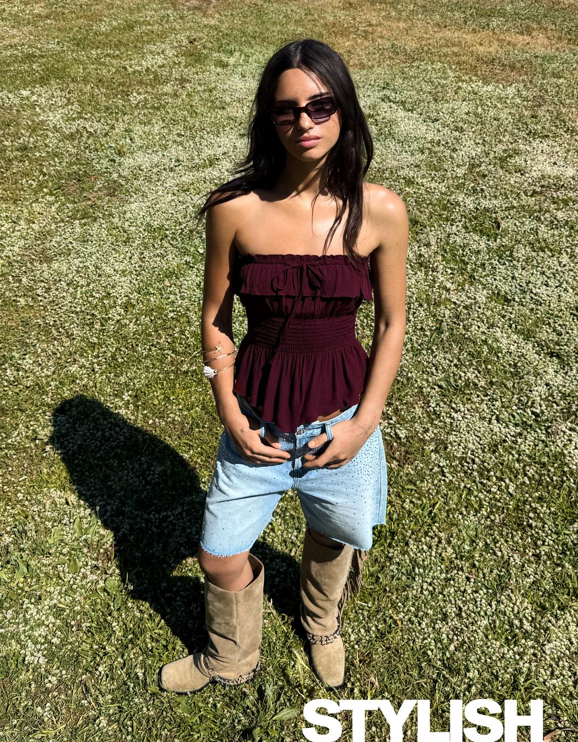 Textured bandeau top with ruffle