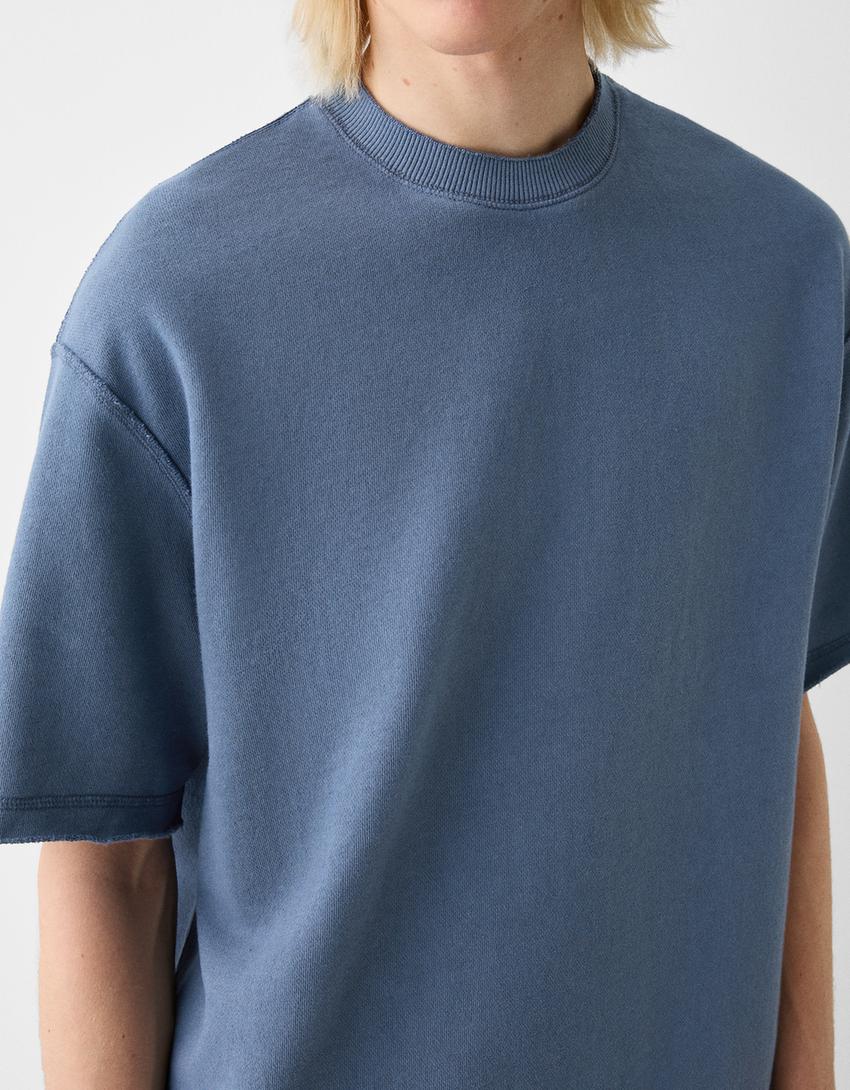 تيشرت ناعم بأكمام قصيرة ومظهر باهت-أزرق داكن-5
