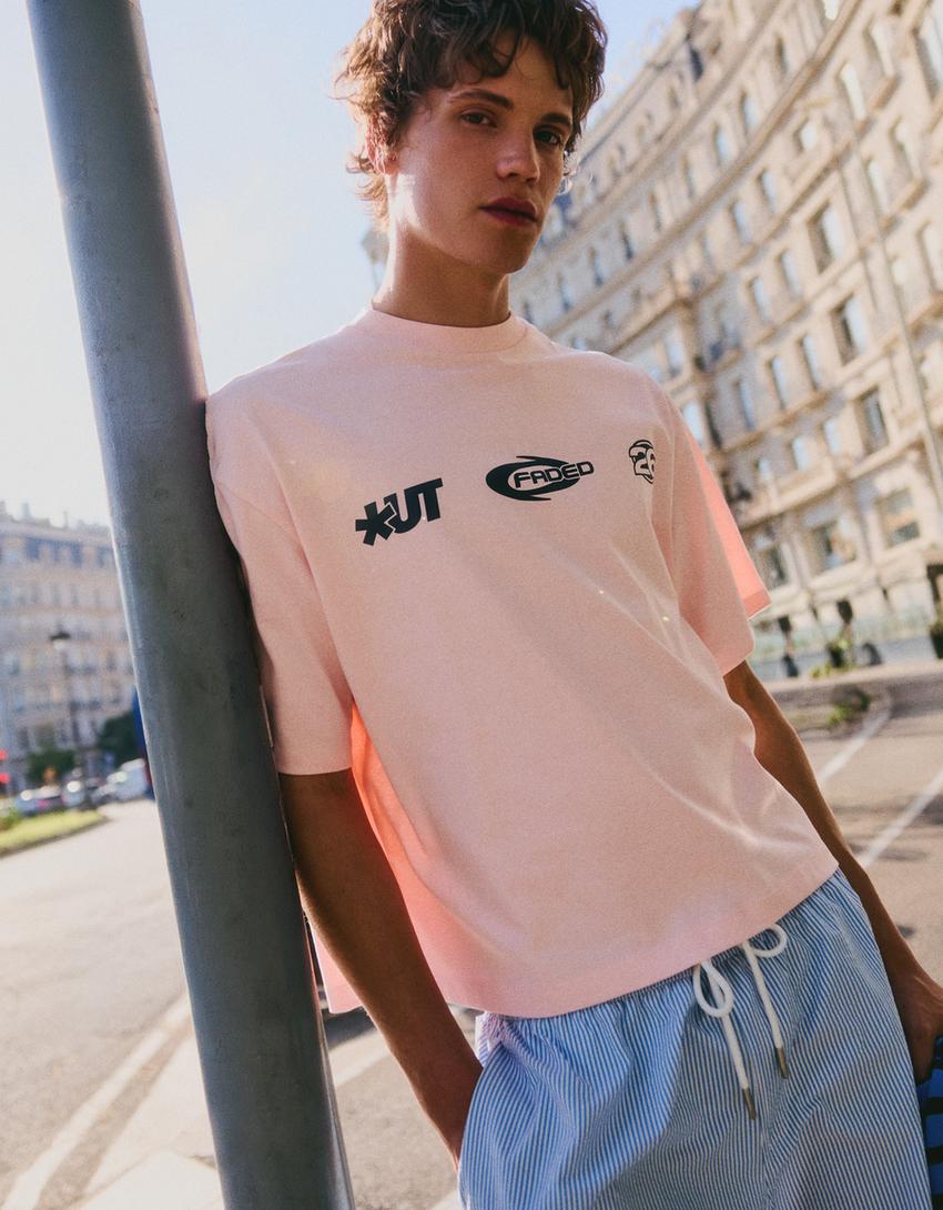 Print boxy fit T-shirt-Pink