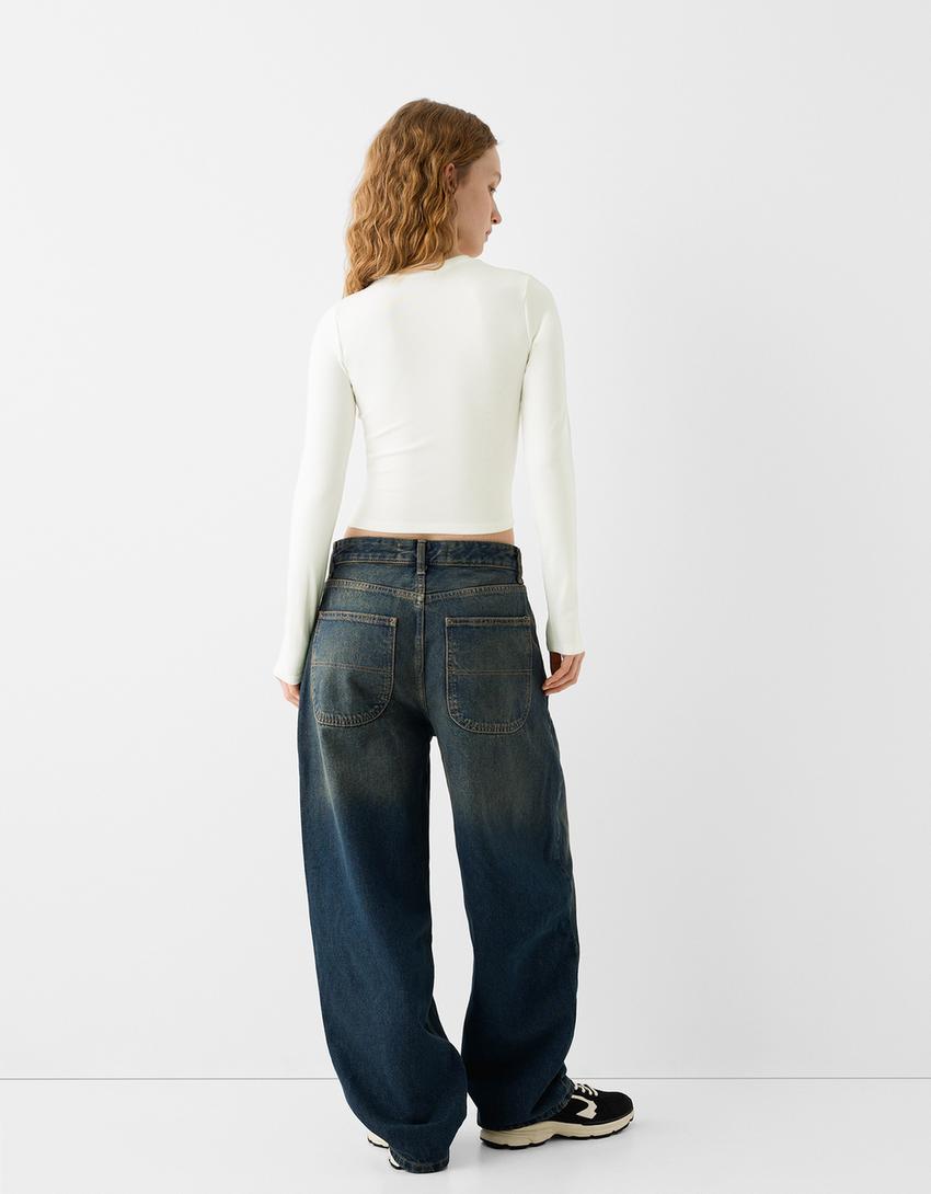 Uzun kollu bisiklet yaka t-shirt-Kirli beyaz-1