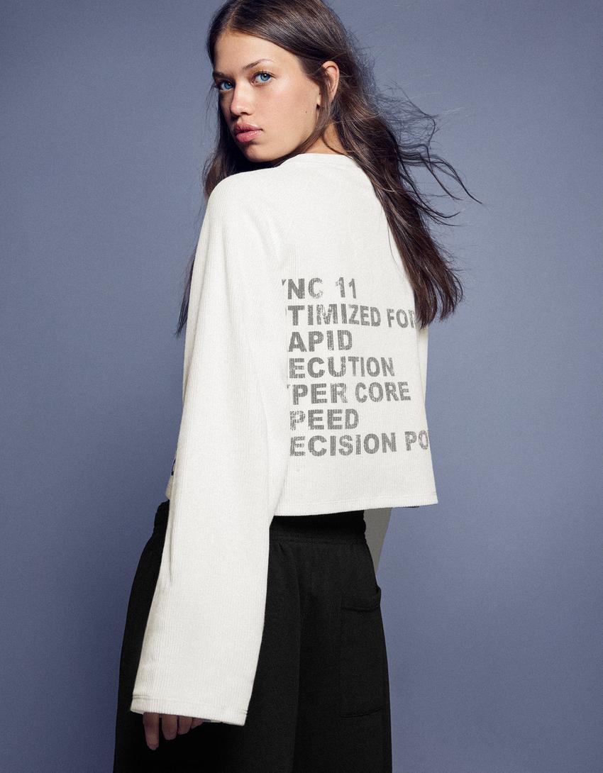 Bisiklet yaka baskılı sweatshirt-Krem