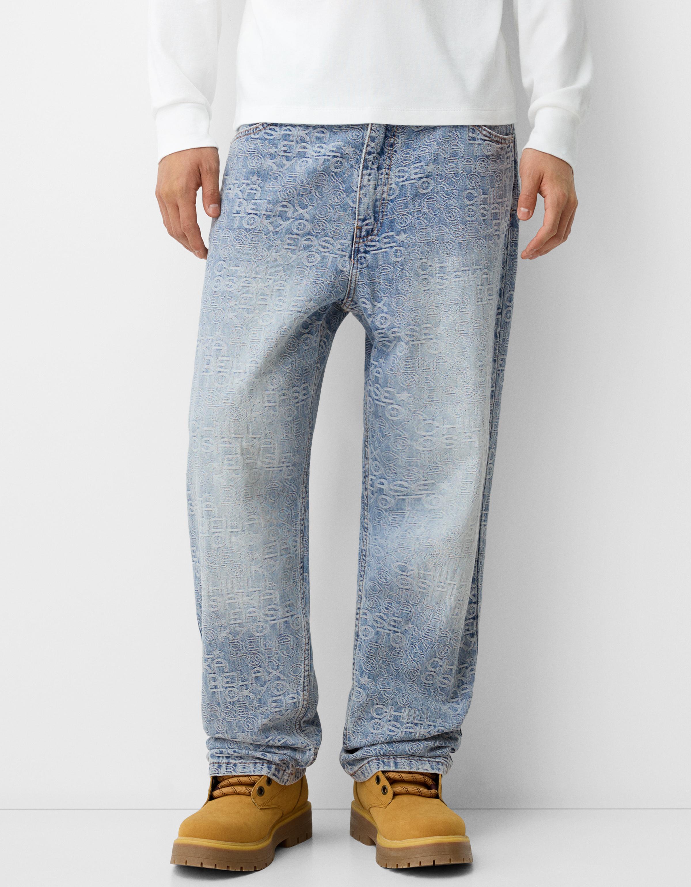 Bershka Baggy-Hosen-Jeans Mit Jacquard Und Print Herren 34 Hellblau