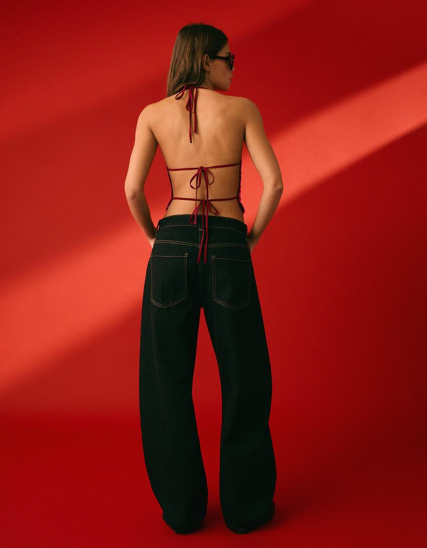 Draped sequin halter top-Red