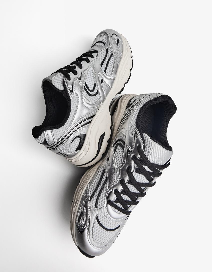 Buty sportowe z łączonych materiałów-Srebrny-2