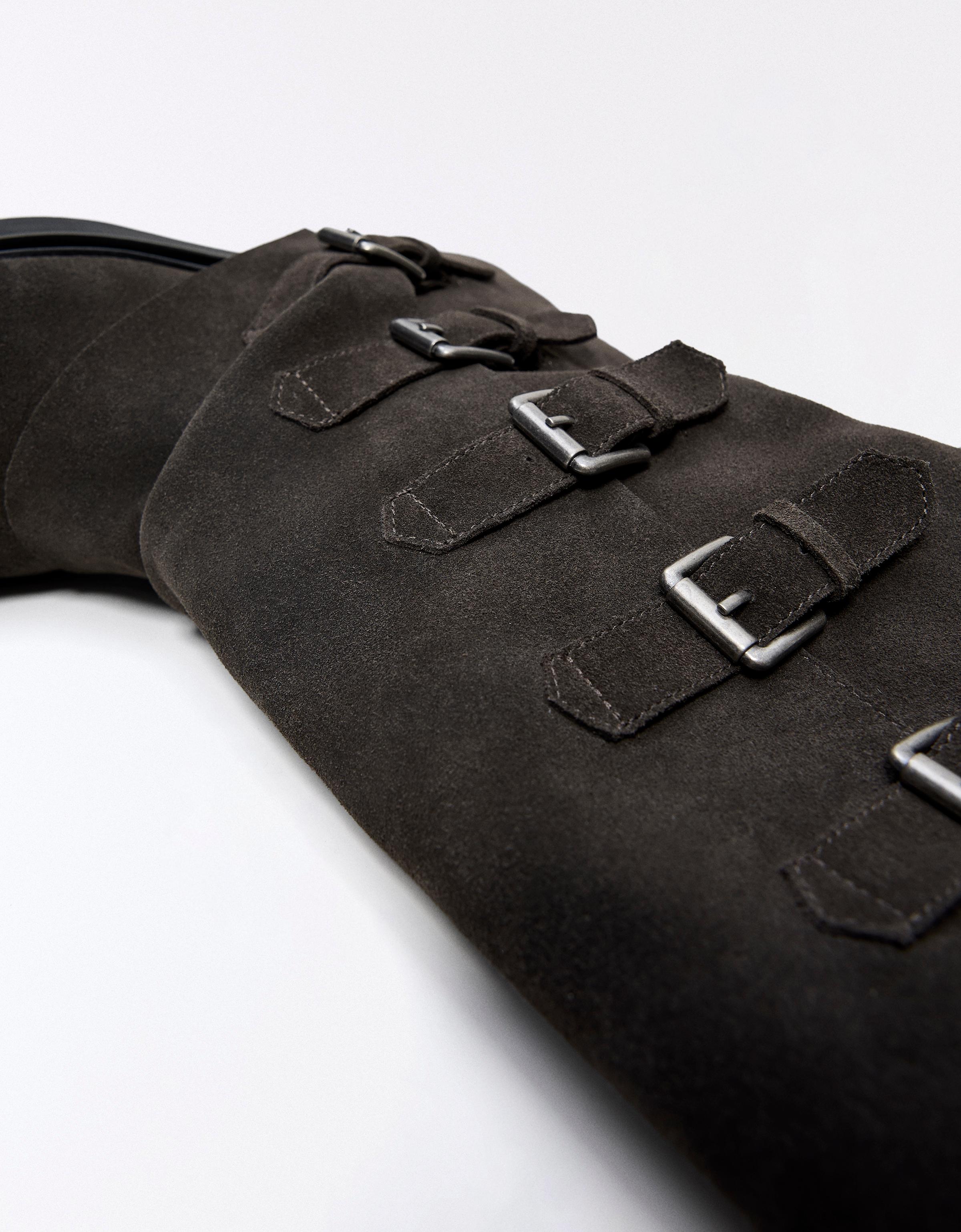 LEATHER TROUSER ANKLE BOOTS WITH BUCKLES — TAUPE