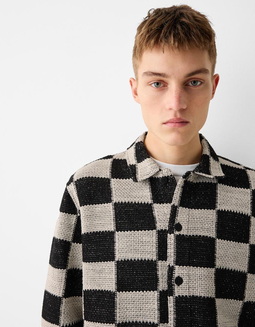 Chemise manches longues imprimé damier-Blanc / Noir-3