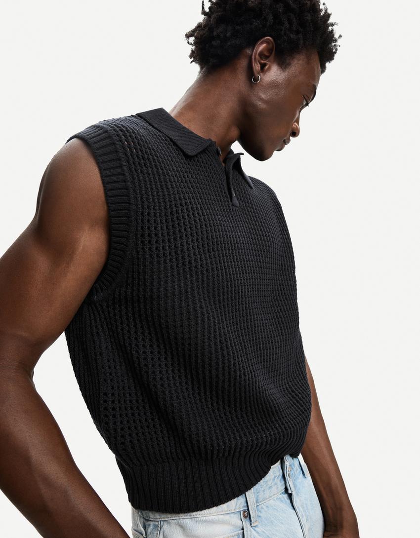 Mesh vest with polo collar and buttons-Black-2