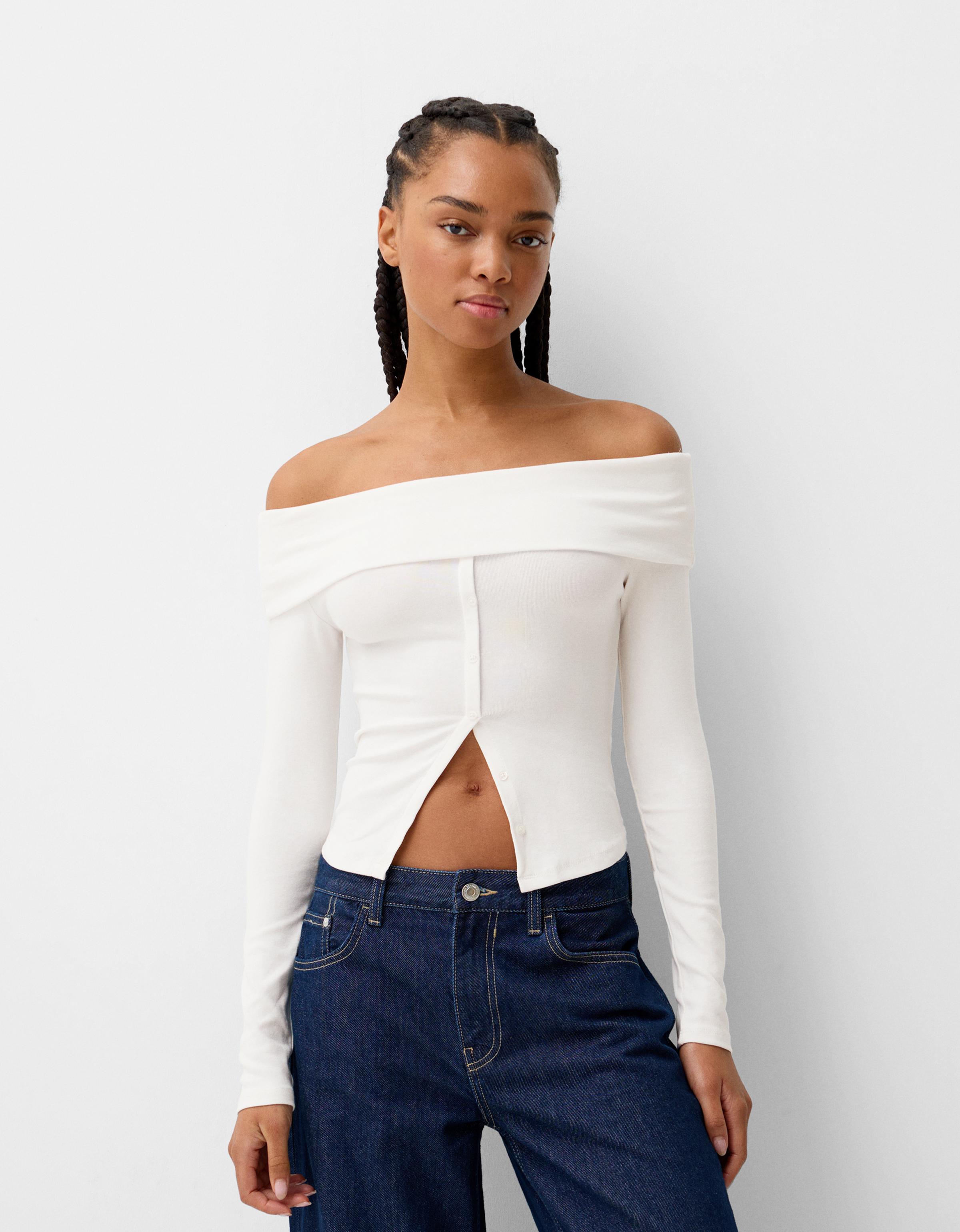 Bershka Geknöpftes Langarmshirt Damen M Grbrochenes Weiss