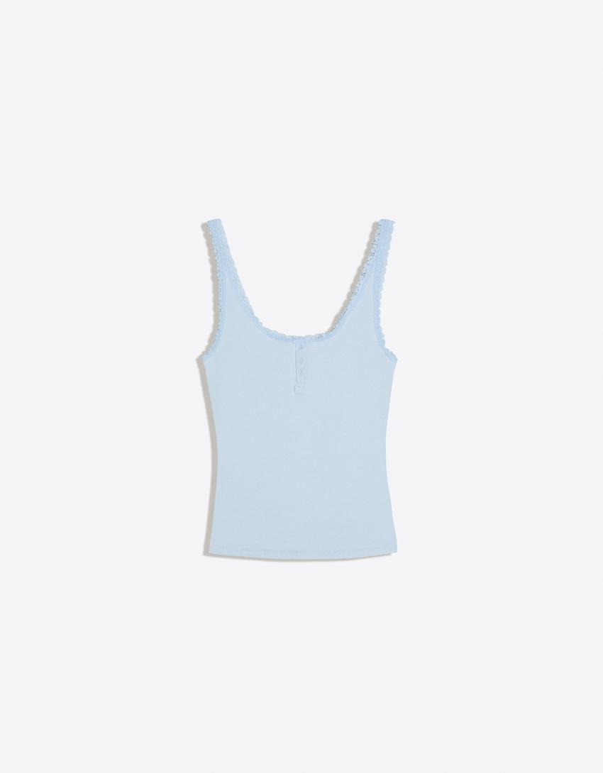 Top bretelles col tunisien dentelle-Bleu clair