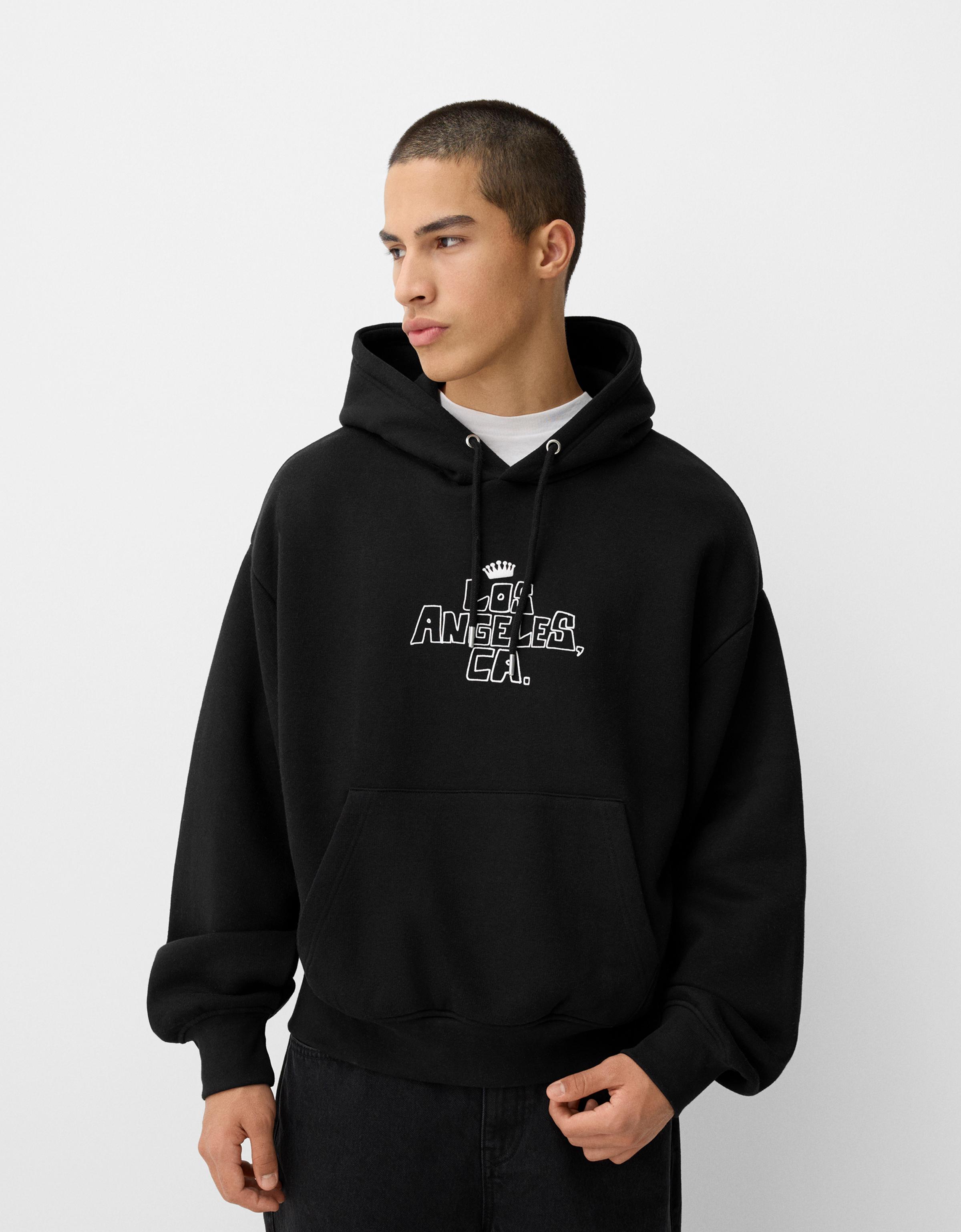 Bershka Hoodie Mit Kapuze Und Boxy-Print Herren L Schwarz