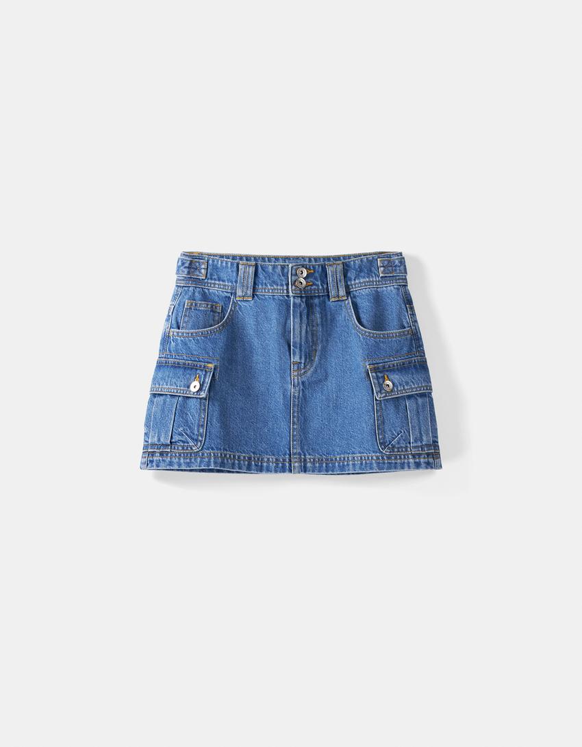 Mini-jupe denim cargo-Bleu lavé-4