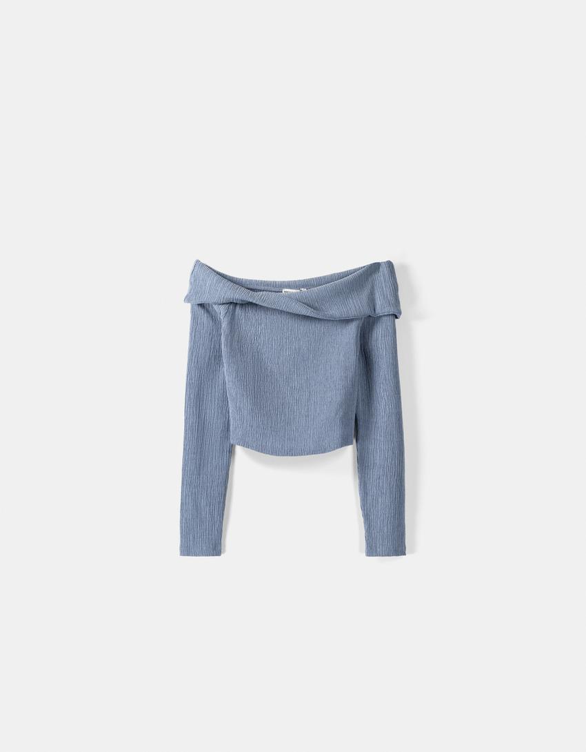 تيشرت مكشوف الأكتاف بغرزة وافل وأكمام طويلة-أزرق-5