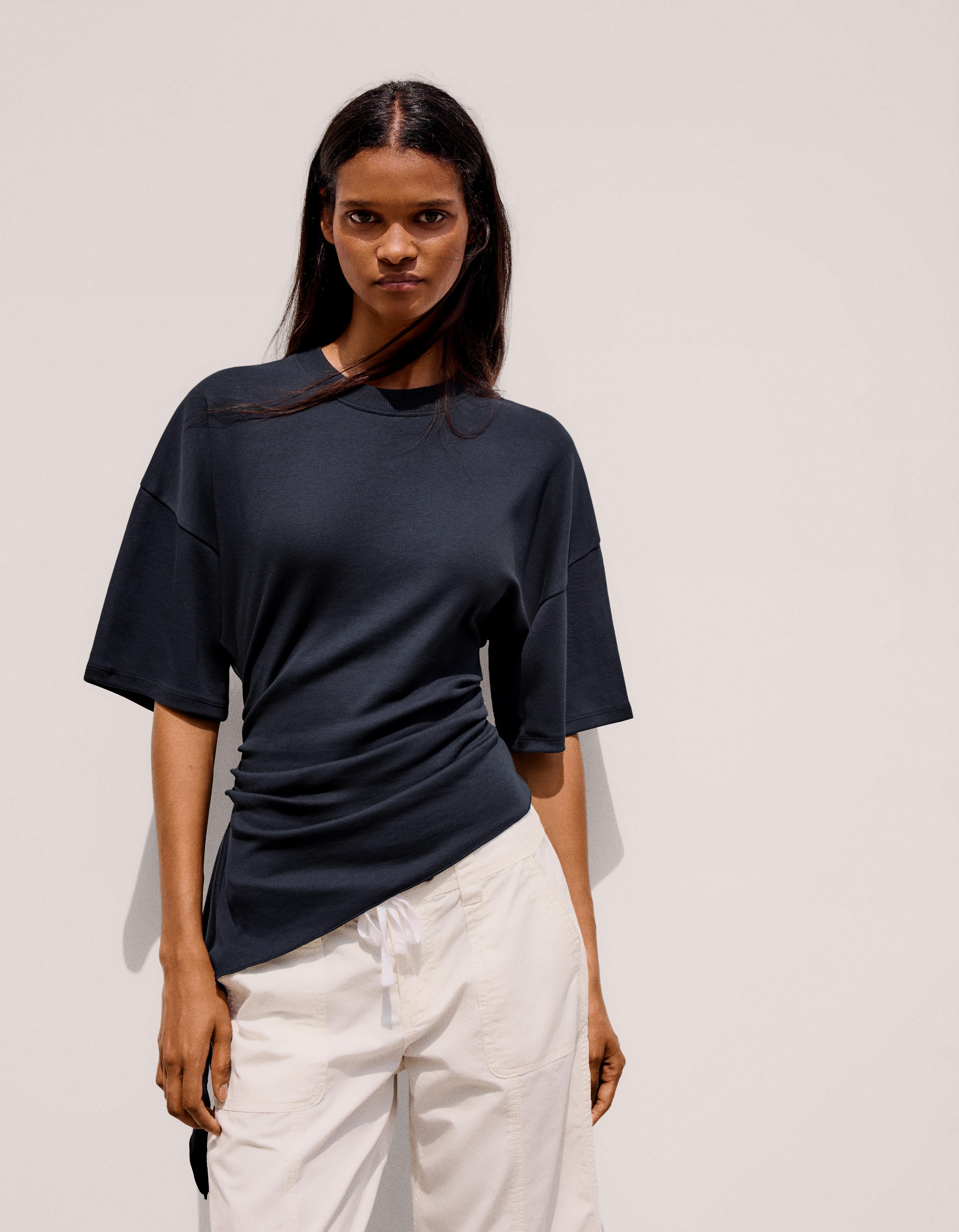 Bershka Camiseta Manga Corta Fruncido Mujer L Marino